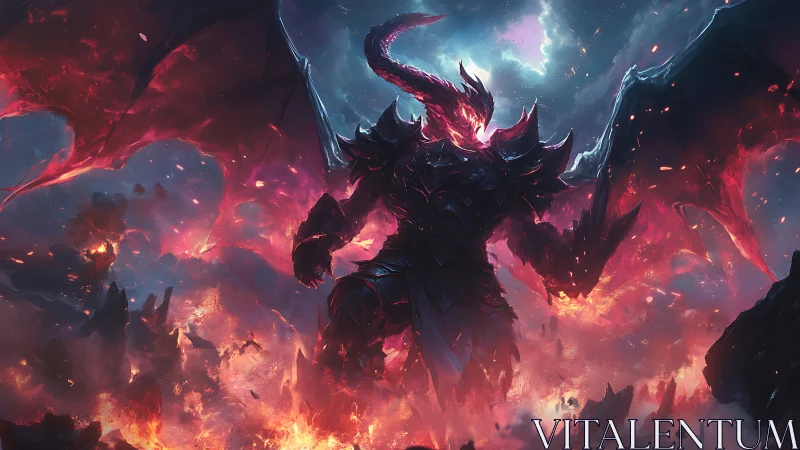 Armored infernal dragon titan rising within volcanic storm