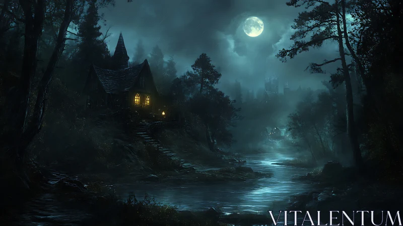 Moonlit forest river with cabin and distant hilltop castle.