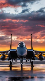 Front-view tactical jet on wet runway under high-contrast sunset