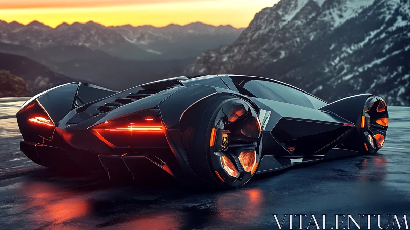 Futuristic hypercar with glowing rims on icy mountain road.