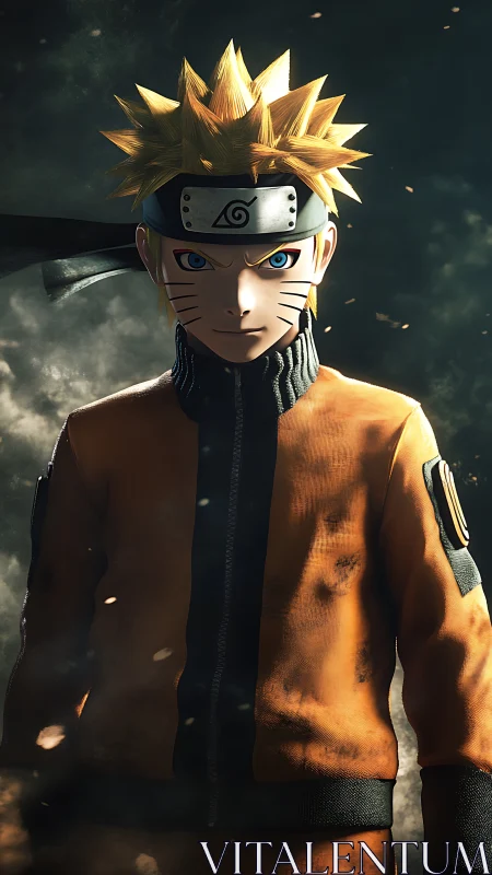 Storm-eyed ninja in ember-lit battlefield resolve stands tall.