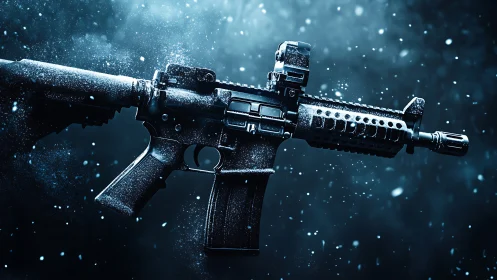 Tactical Rifle with Mounted Optics in Frozen Environment.