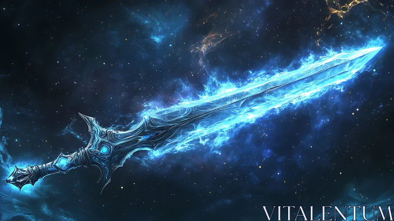 Starlit energy sword glows brightly against the cosmic sky