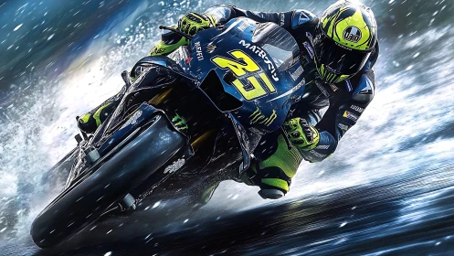 Motorcycle racer cornering on wet track in close perspective.