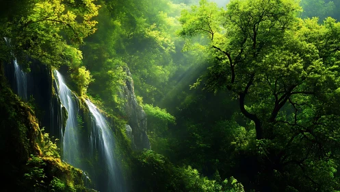 Waterfall cascades through dense green forest with diffused sunlight filtering through canopy.