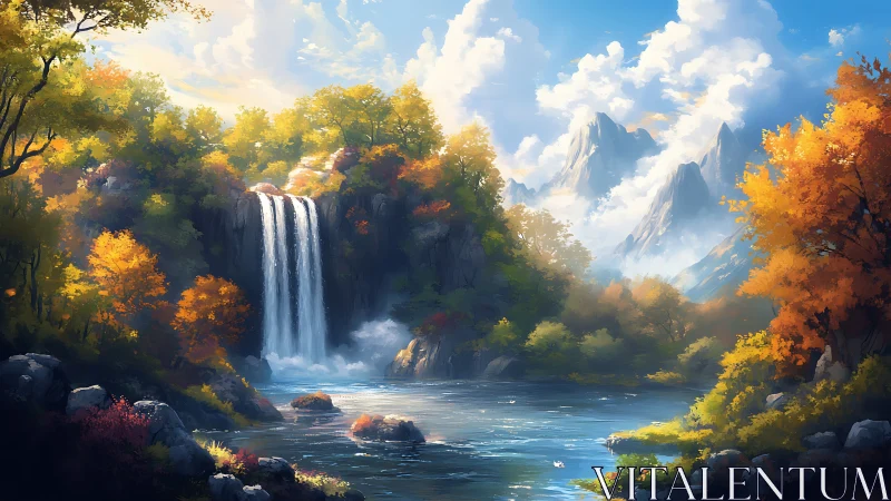 Waterfall hush braids autumn light into a mountain dream