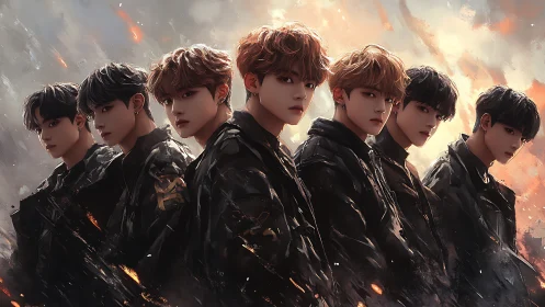 Seven stylized youths stand in embers and stormy light.