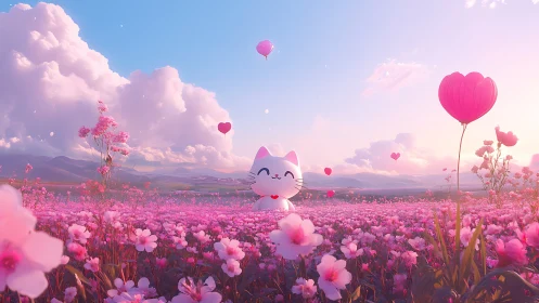 Cute cat character in surreal pink flower field landscape