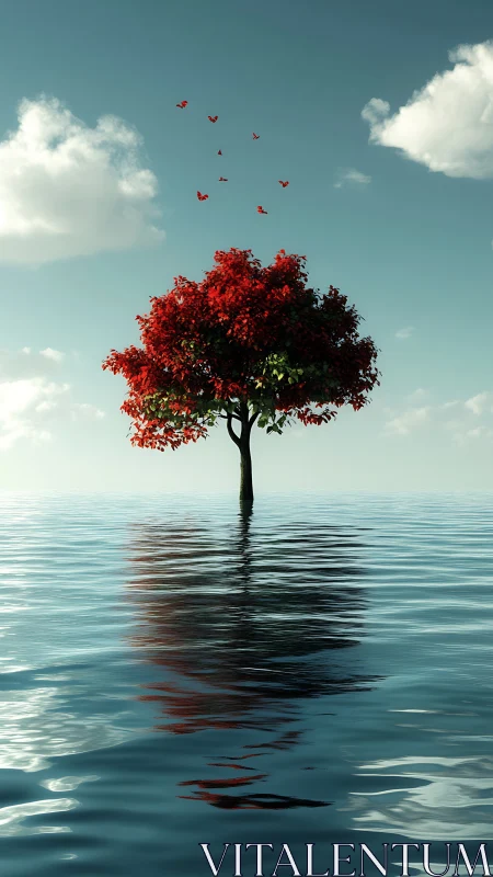 Solitary red tree rises from calm reflective ocean