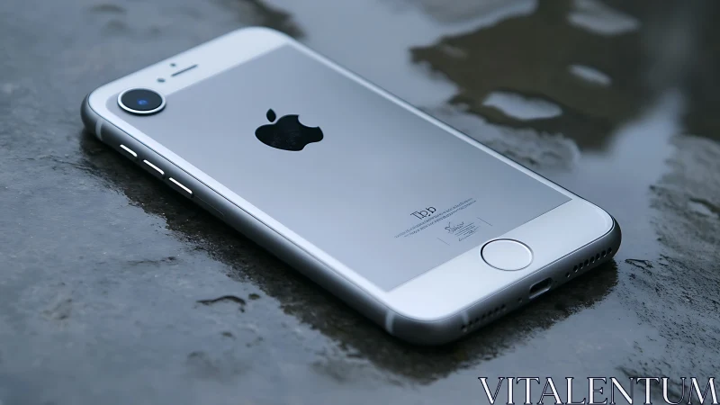 Luminous smartphone rests on wet terrain with shadow play.