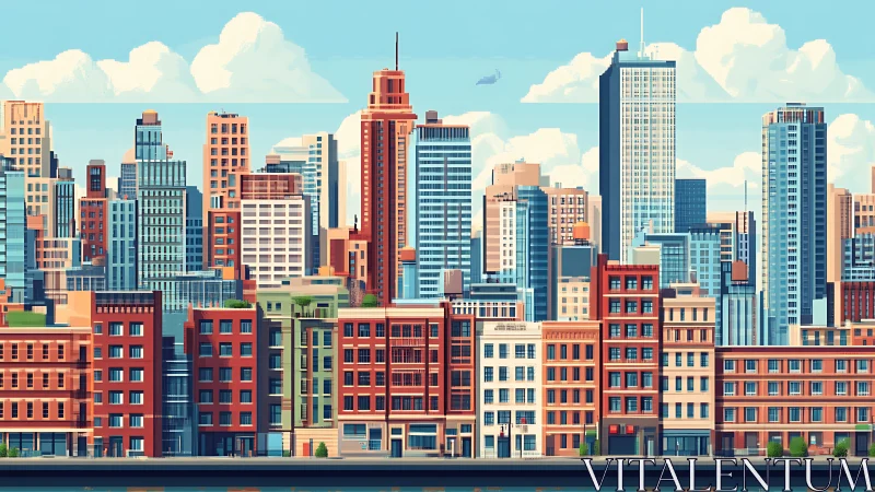 Layered midrise and highrise city skyline in stylized daylight