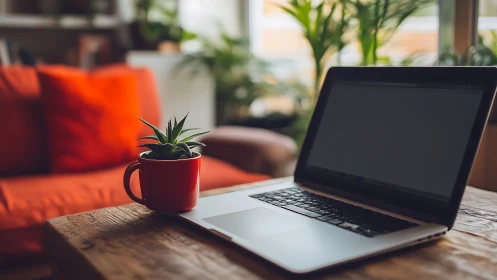 Photographic home workspace with laptop and red accent plant.