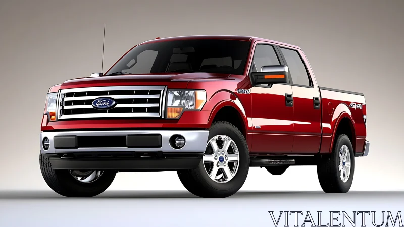 Red Ford pickup truck on clean studio background, front view.