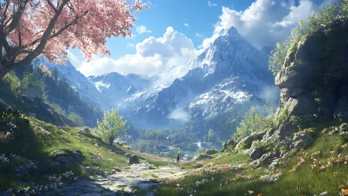 Springtime valley path beneath peaceful snowy mountains.