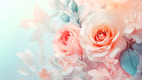 Soft Peach Roses with Teal Foliage in Diffused Light.