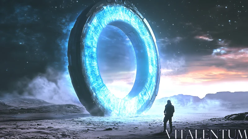 Circular luminous portal stands before lone astronaut figure
