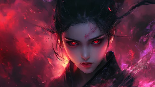 Demonic anime sorceress gazes forward in crimson flames