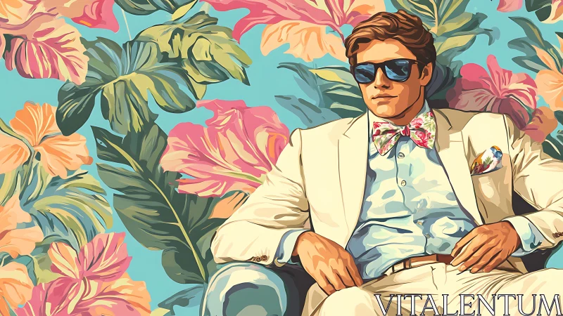 Stylish man reclines in tropical floral lounge fantasy