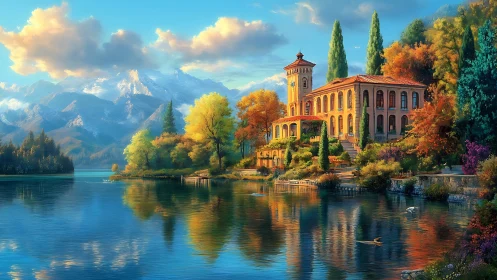 Sunlit lakeside villa embraced by mountains and autumn color.