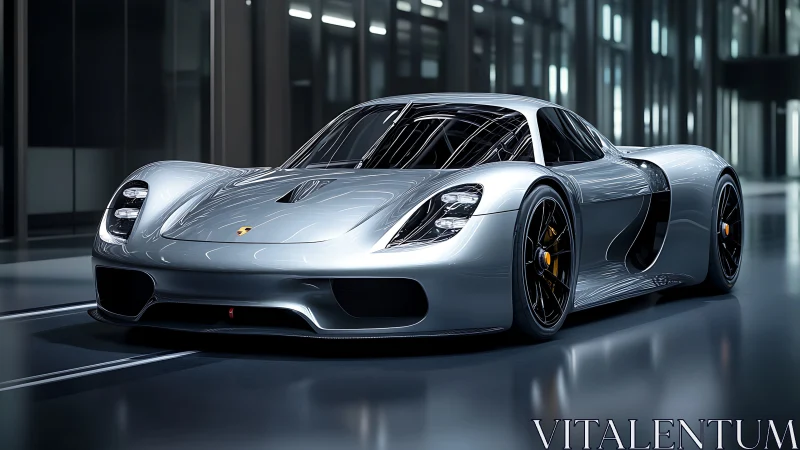Silver hypercar poised in glossy futuristic showroom light.