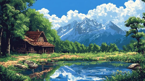 Lakeside pixel cabin beneath towering alpine mountains.