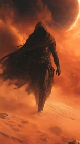 Hooded wanderer crossing burning desert under eclipse.