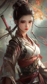Sword-bearing warrior maiden stands in autumn forest light.