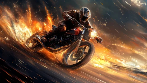 Motorcycle rider cuts through fire and rain in explosive motion