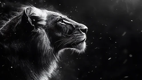 Monochrome lion profile against dark abstract background.