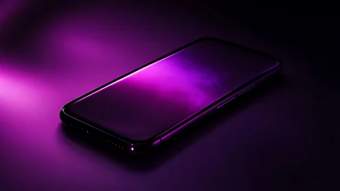 Sleek smartphone on dark surface under vivid purple light.
