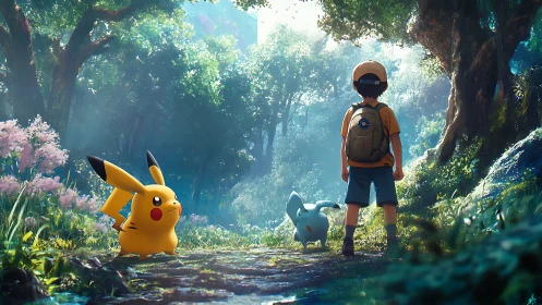 Boy with Pikachu and friend walking forest path adventure
