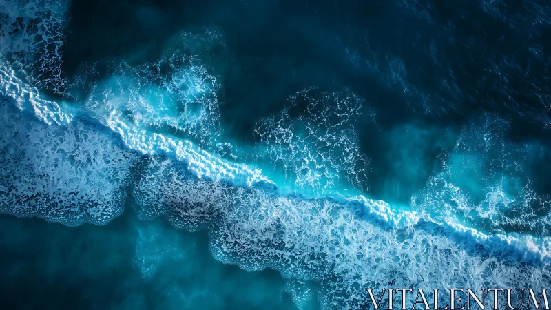 Crestline of turquoise surf carving patterns in deep sea blue.