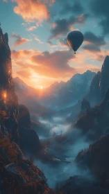 Serene hot air balloon drifting above misty sunrise valley.