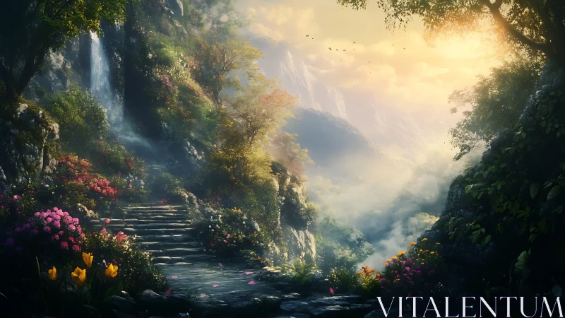 Stone stair path through misty floral valley landscape.
