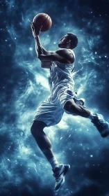 Dynamic basketball leap amid electric teal nebula backdrop.