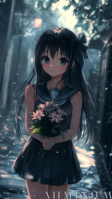 Lanternlit schoolgirl cradling dusk-pink flowers in silence.