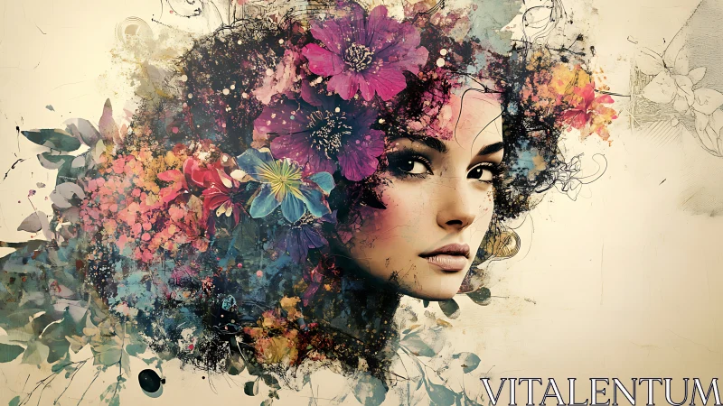 Female portrait merges with vibrant abstract floral explosion