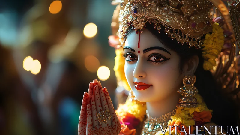 Graceful goddess idol glowing with devotion and soft light.