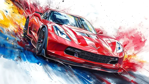 Red sports car illustration with abstract color streaks backdrop.