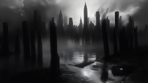 Moody misty skyline rising beyond quiet reflective waters.