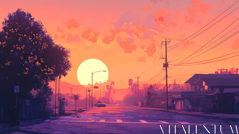 Digital painting of suburban sunset street with bold silhouettes.