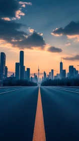 Empty highway leads into neon blue city at warm sunset.