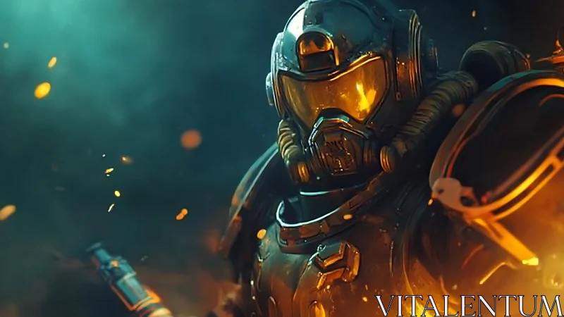 Armored sci fi soldier stands in glowing embers and smoke