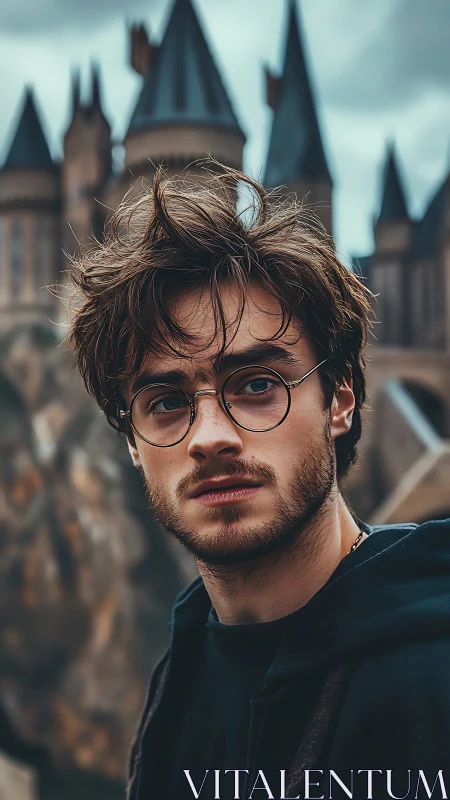 Brooding young wizard before storm-kissed castle towers.