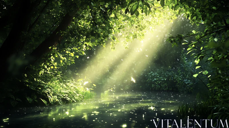 Sunbeams pour secrets into a quiet emerald forest pool