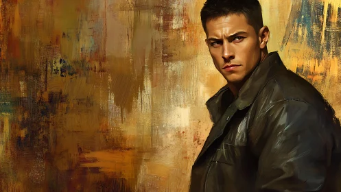 Man in dark jacket stands before textured abstract wall