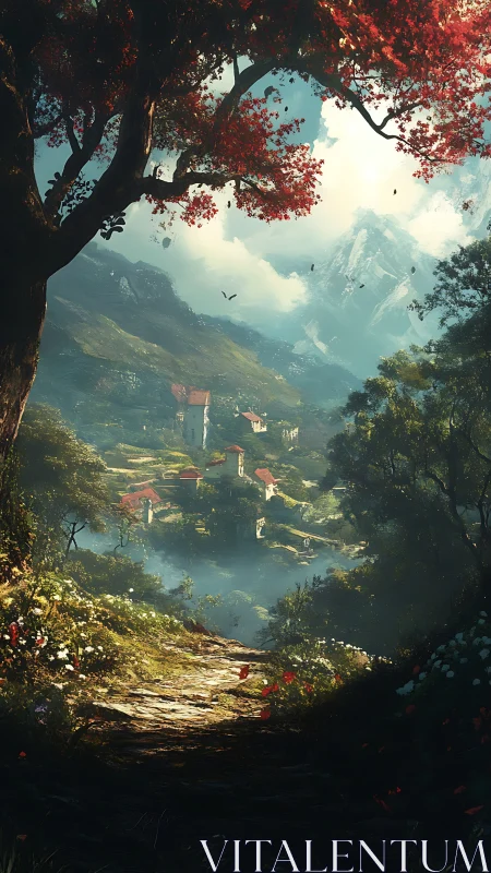 Mountain valley village lies beyond a sunlit forest path