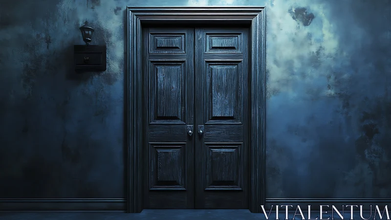 Moody double wooden doors glow in eerie blue hallway.
