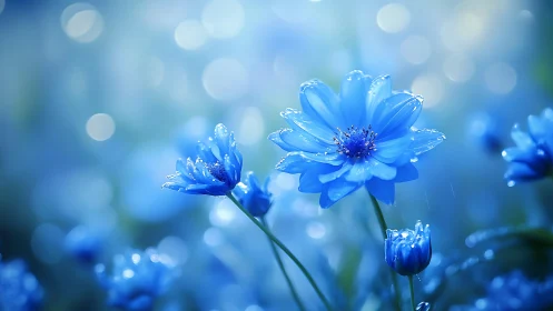 Macro depth-of-field study of blue petaled flowers with prismatic water droplet refraction patterns