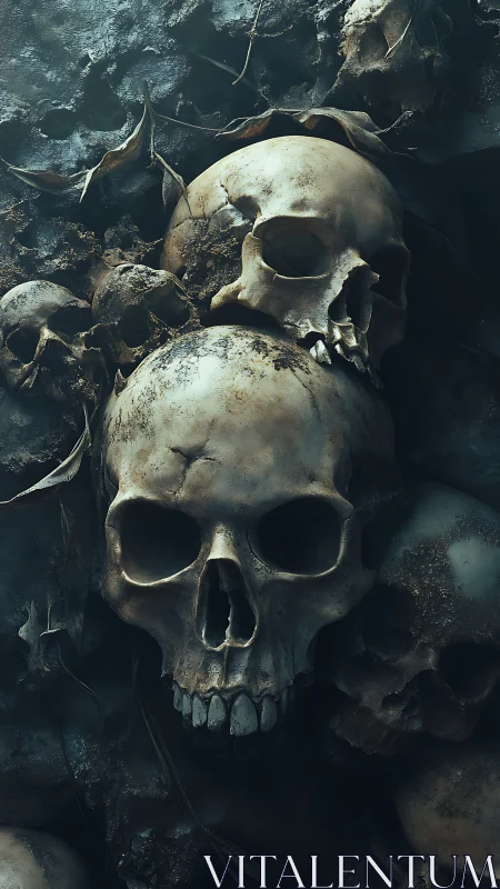 Photorealistic ossuary wall with decayed skull cluster composition.